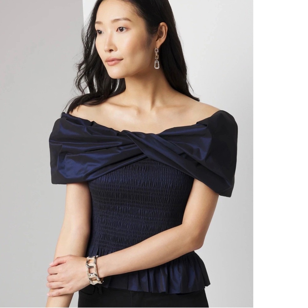 White House Black‎ Market Navy Off-The-Shoulder Smocked Taffeta Peplum Top 12